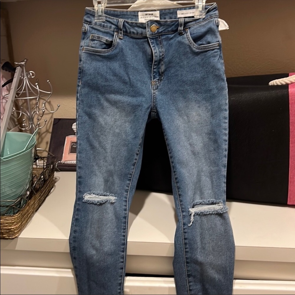 COTTON ON MID RISE SKINNY SIZE 8 US MEDIUM BLUE WASH SLIT KNEES